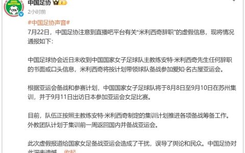 “米利西奇辞职”消息完全虚假；中国足协辟谣