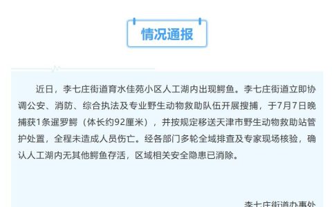 天津一小区人工湖出现暹罗鳄，当地街道办通报